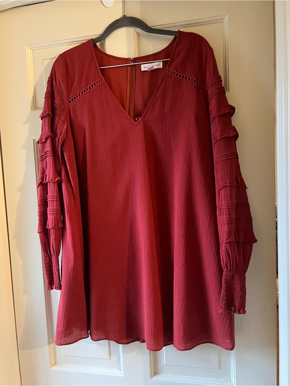 Red Carter V-Neck Ruffle Sleeve Tunic Dress